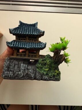 Decorative Blue Pagoda Resin Accent with Green Foliage - Home Art